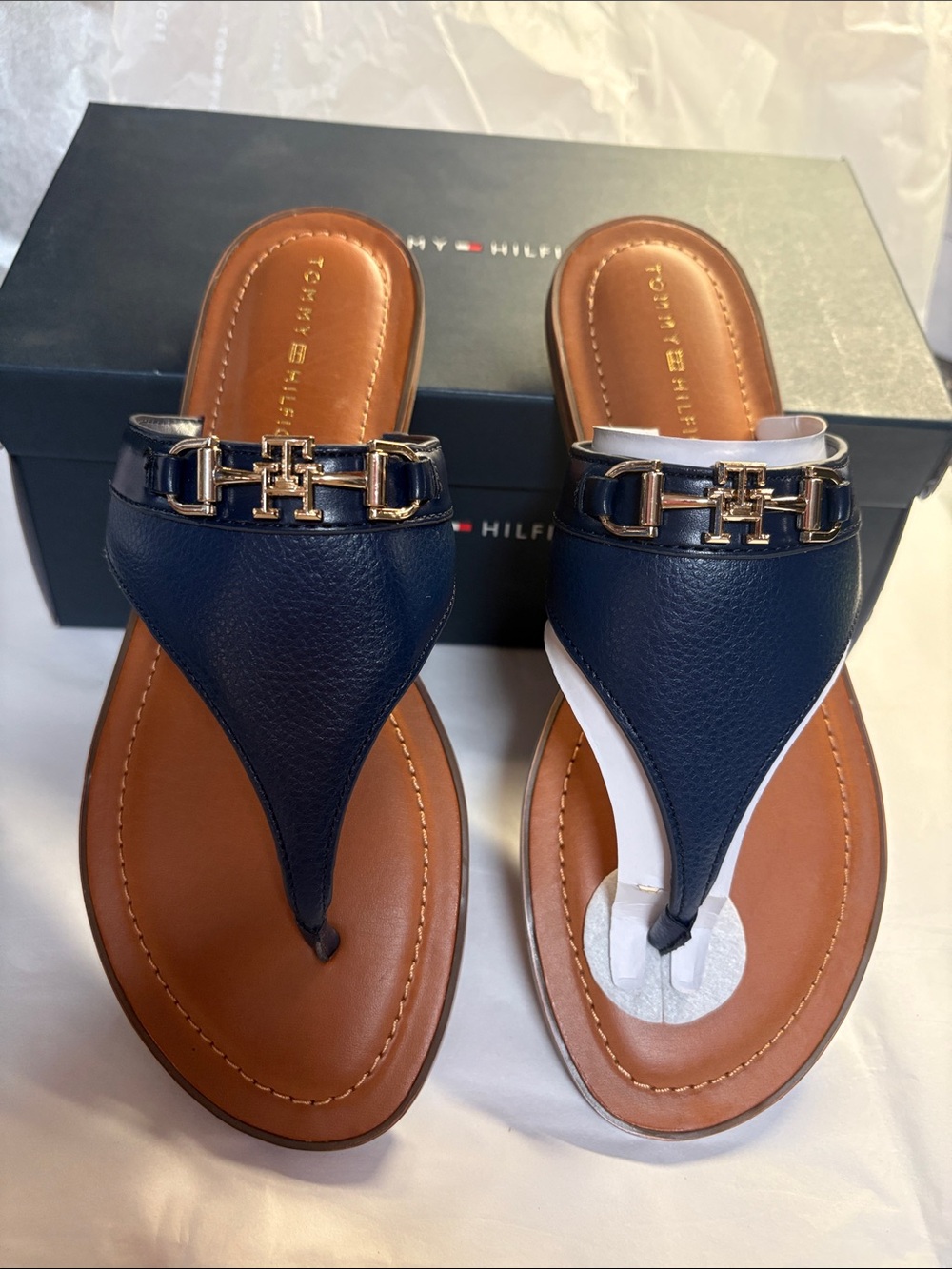 Tommy Hilfiger Navy Leather Thong Sandals with Gold Hardware